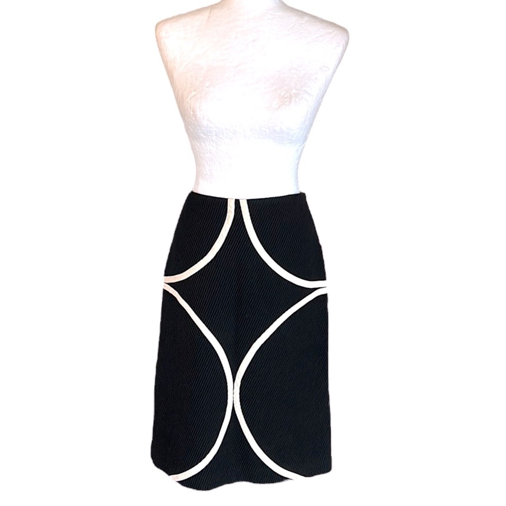 Tocca Black Ribbed Textured Ivory Suede Trimmed Midi Pencil Skirt - 4